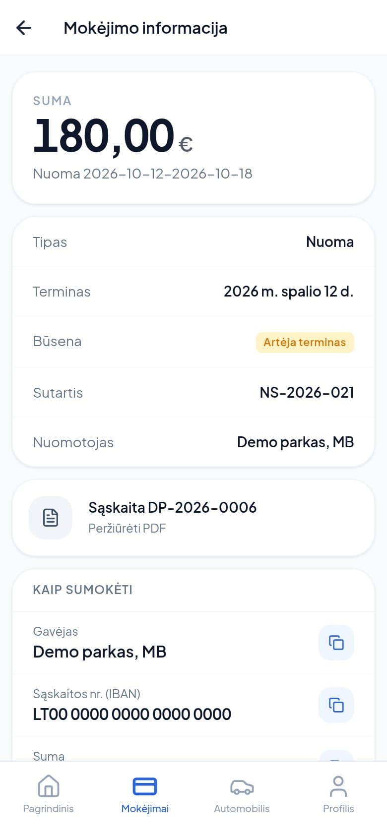 Mokėjimo informacija ir rekvizitai su kopijavimu