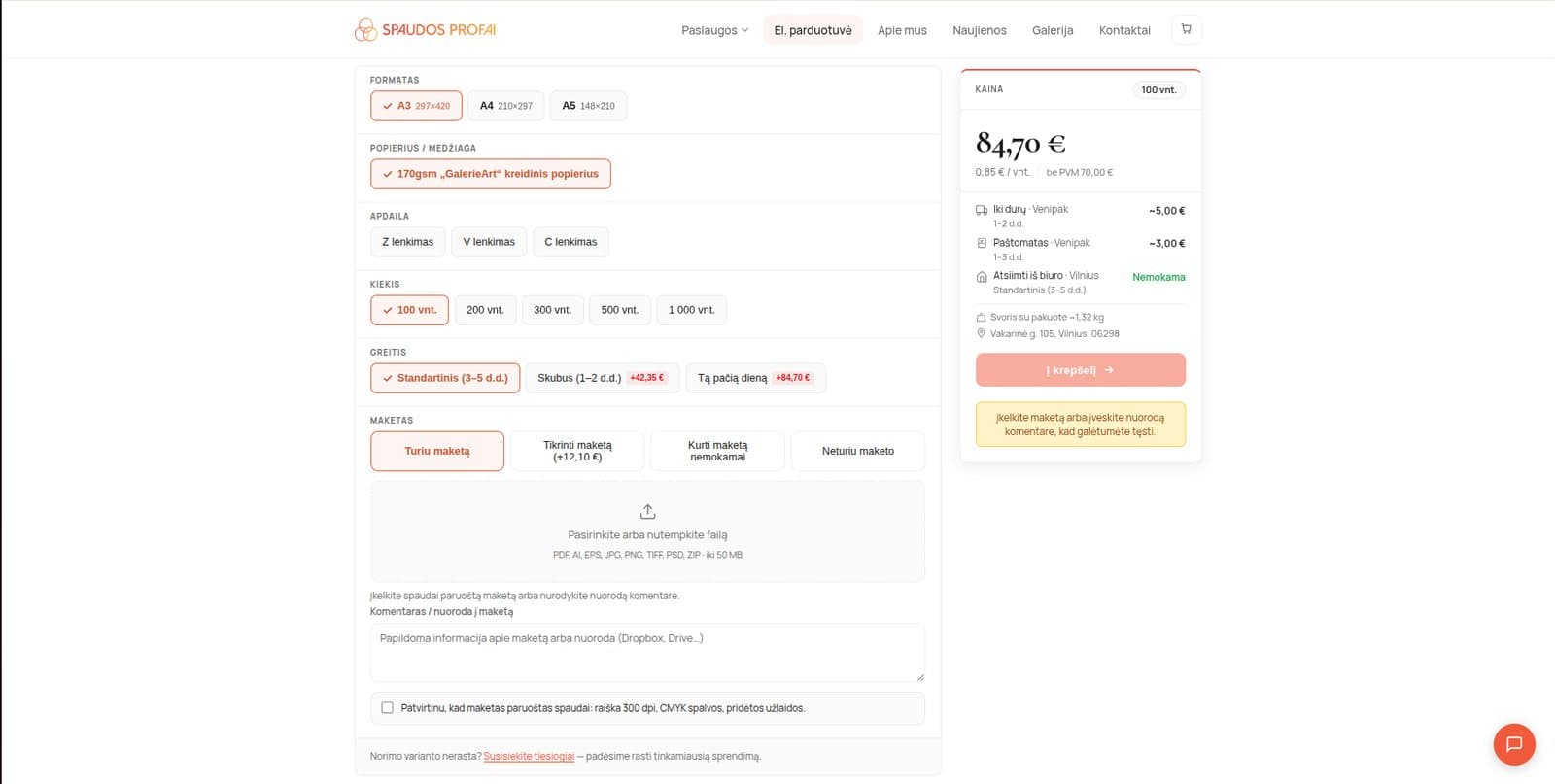 Spaudos Profai produkto konfigūratorius su realaus laiko kainos skaičiavimu